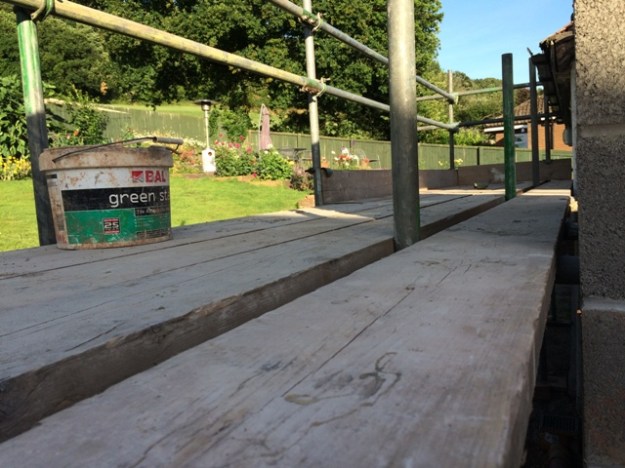 View of patio through scaffolding