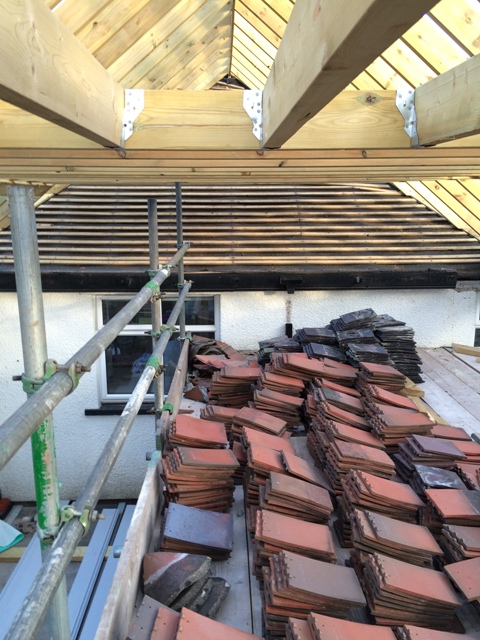 Up on Scaffolding - Tiles all removed from old existing roof over utility room and small bedroom