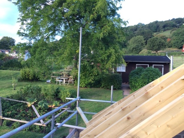 View to back garden from scaffolding over new kitchen