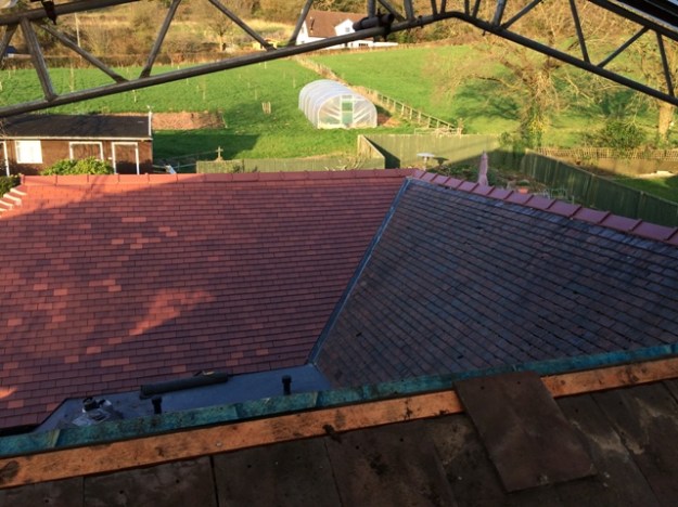 View through to field and the polytunnel from the flat roof over the new bedroom
